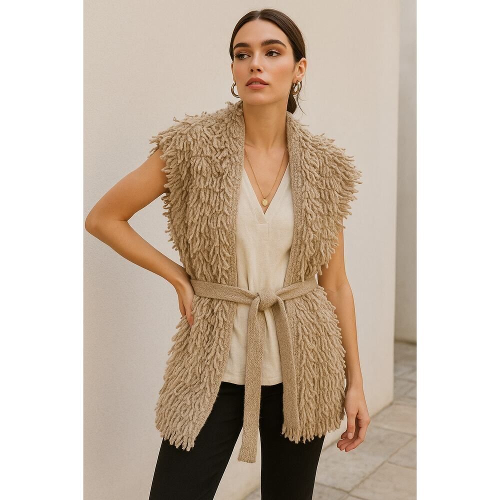 Good Hart XS/S Wool Blend Shaggy Knit Vest w/ Belt Cozy Neutral Cardigan Boho
